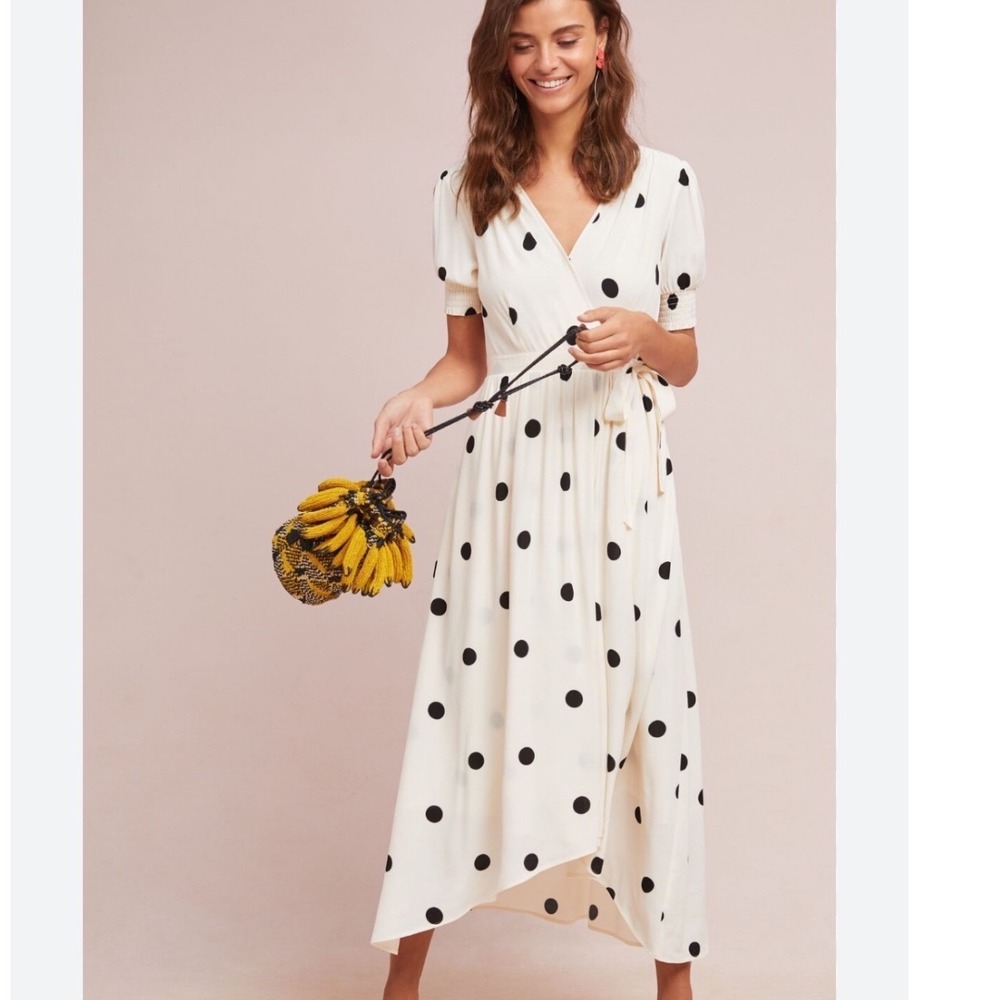 Maeve Anthropologie Breanna Polka Dot Dress Cream Black Size 8 High Low Midi